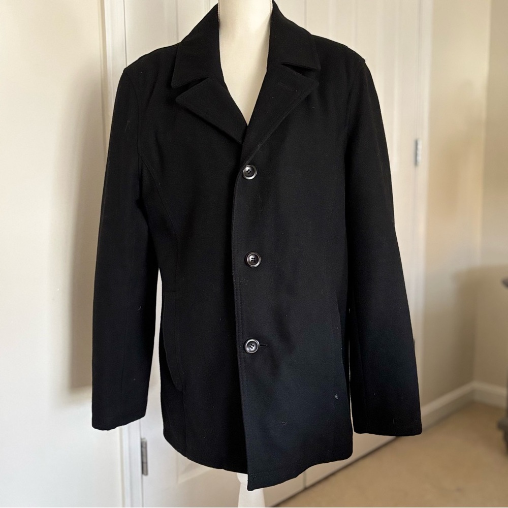 Black Rivet Men Button Down Pea Coat Black Wool Blend M